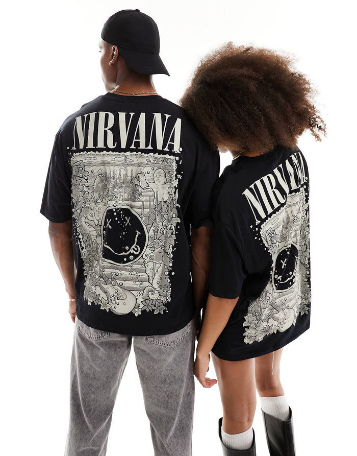Unisex Oversized Black with Nirvana Graphic Prints T-shirt